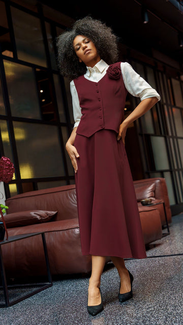 Burgundy Vest / Skirt / Rose
