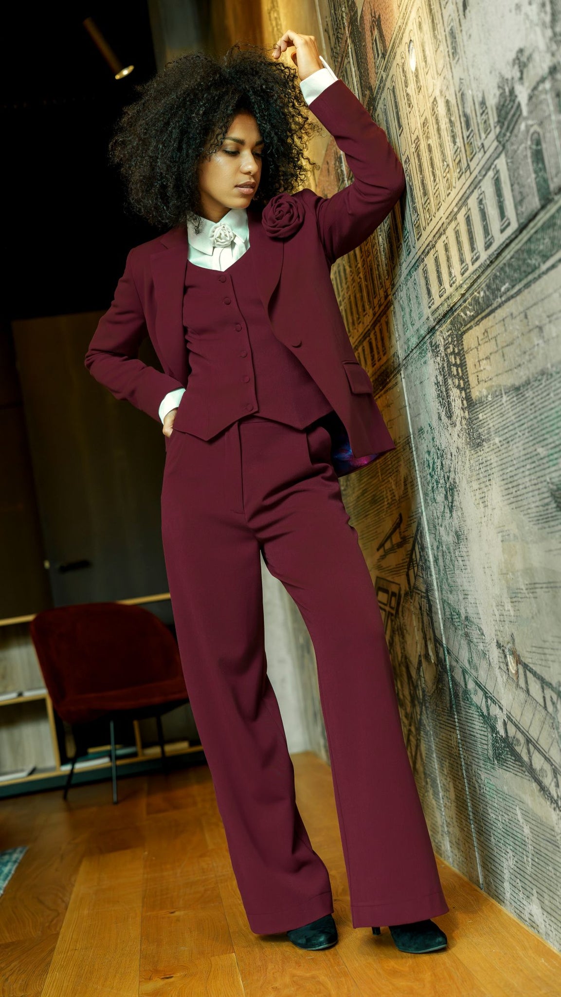 Burgundy Jacket / Vest / Trousers / Rose