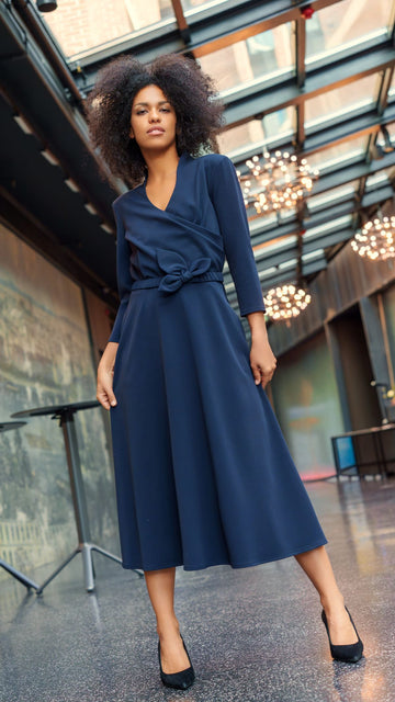 Navy blue wrap dress with a stand-up collar