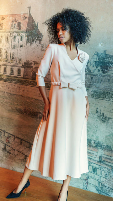 Wrap midi dress with a stand-up collar